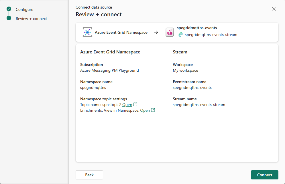 Screenshot that shows the page for reviewing and connecting with MQTT and routing enabled.
