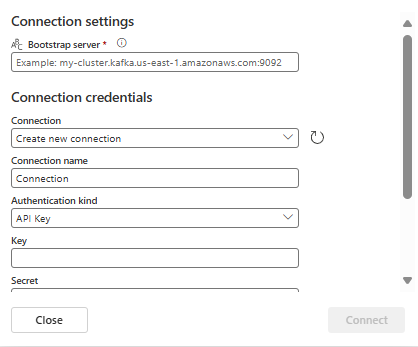 Screenshot that shows the first page of the Confluent connection settings.