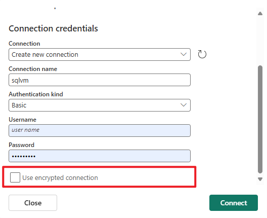 Screenshot that shows the Connection credentials section of the Connect page.