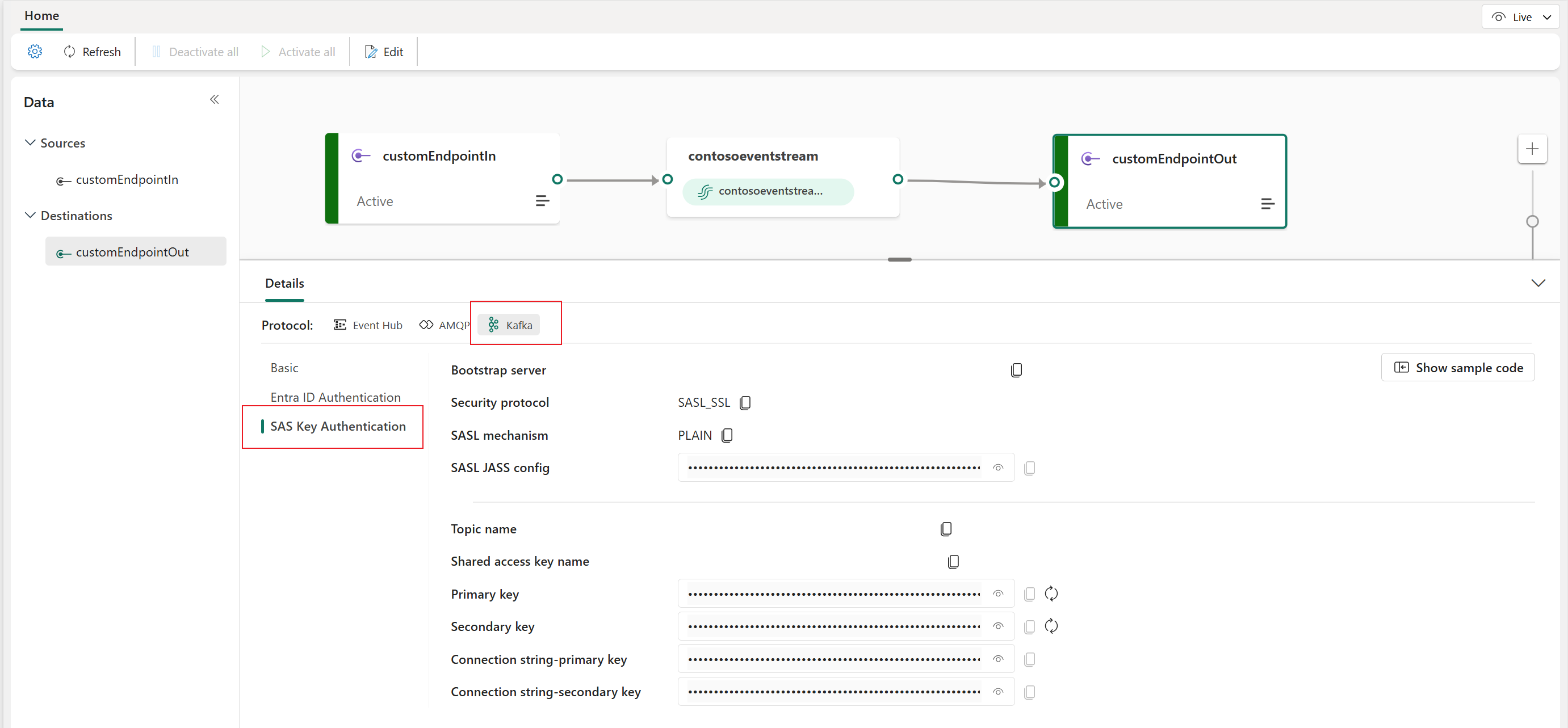 Screenshot that shows Kafka keys on the Details pane of the eventstream live view.
