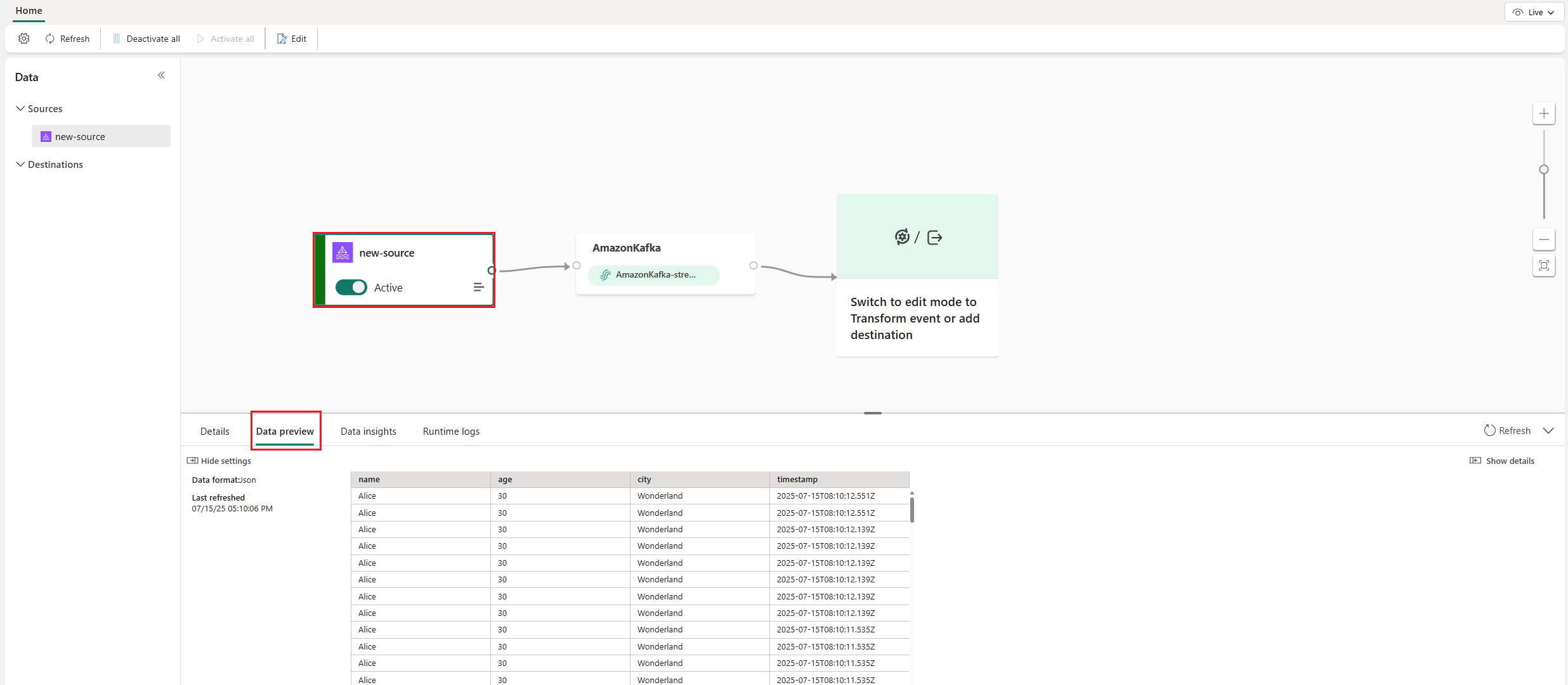 Screenshot that shows Amazon MSK Kafka source data preview.