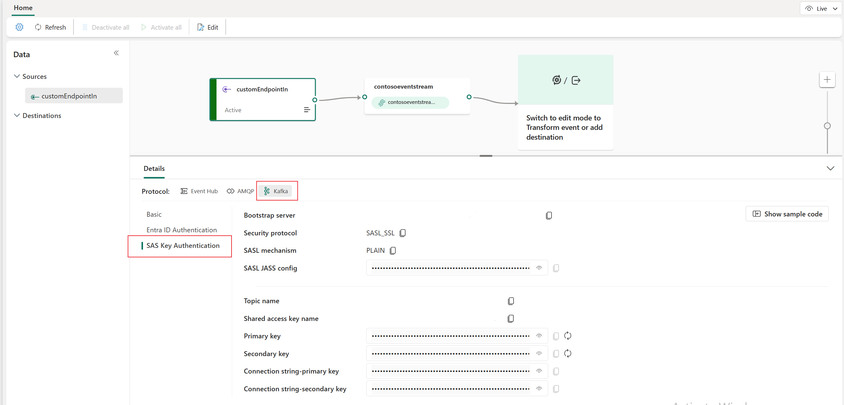 Screenshot that shows Kafka keys on the Details pane of the eventstream live view.