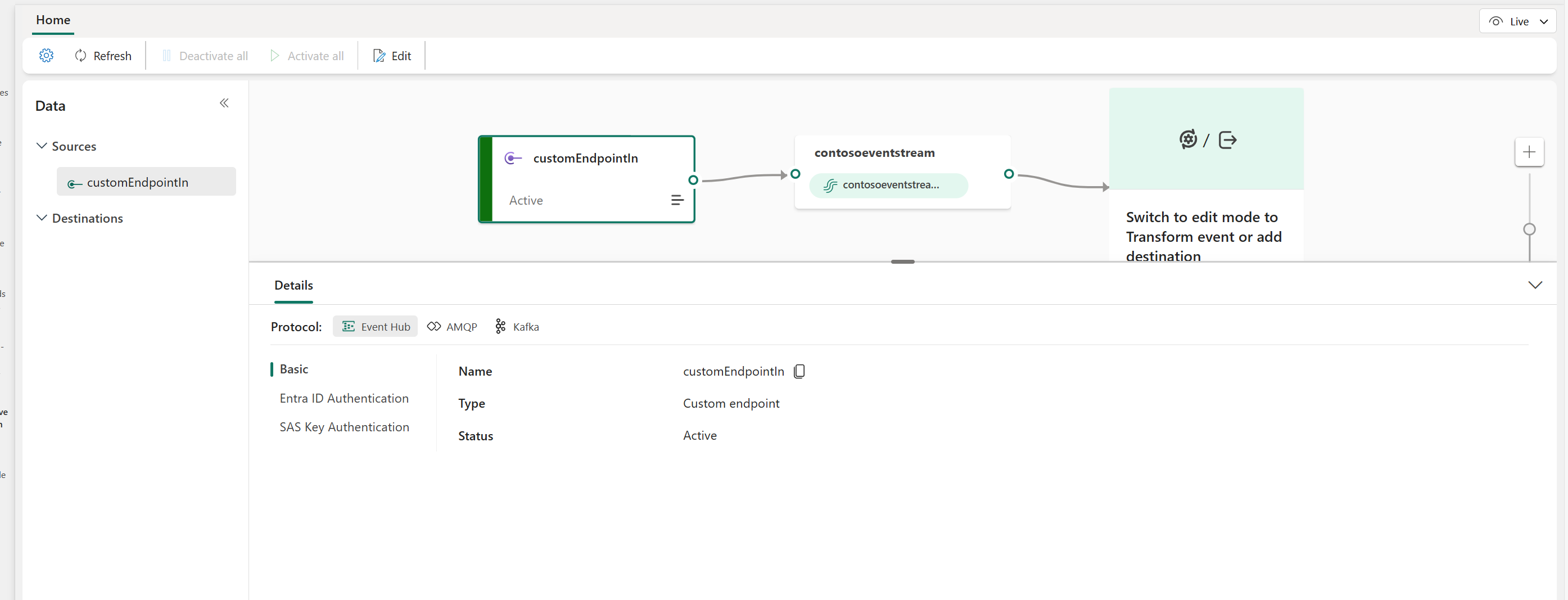 Screenshot that shows the eventstream in the live view.