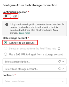 Screenshot of configure tab with continuous ingestion turned off, and connect to an account selected.