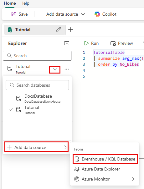 Screenshot of the data source menu showing a list of connected data sources.