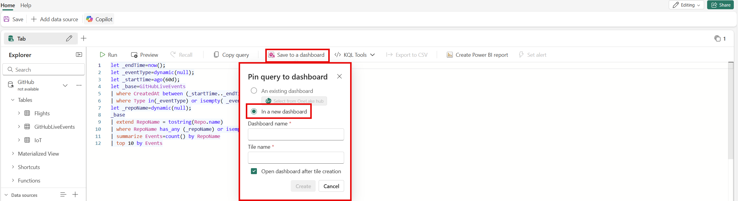 Screenshot of the Save query to dashboard window.