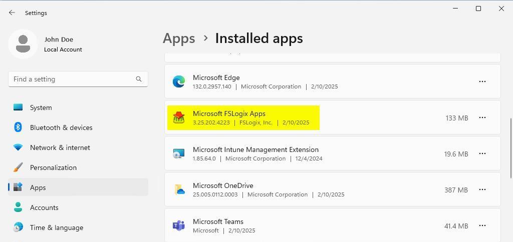 Screenshot that shows the list of installed apps.