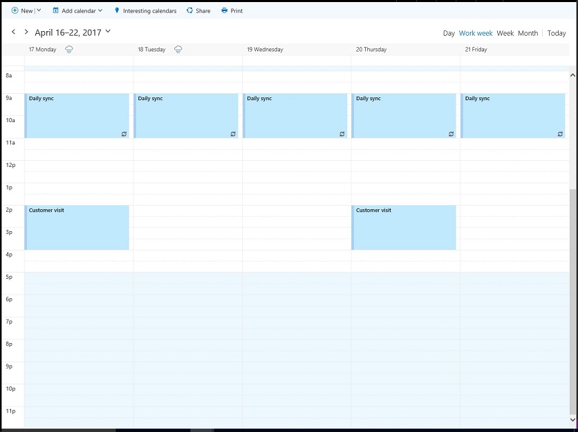 The organizer's work calendar for April 17-21 showing free-busy times The organizer's work calendar for April 17-21 showing free-busy times