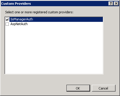 Screenshot of the Custom Providers screen with a focus on the I I S Manager Auth check box.