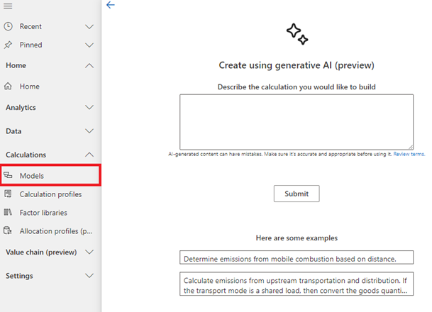 Screenshot showing how to create a calculation model with Copilot in Sustainability Manager. Screenshot showing how to create a calculation model with Copilot in Sustainability Manager.