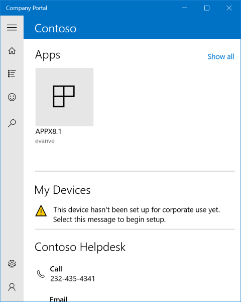 An image of the Windows Company Portal app landing page, with a status message in the middle in the "devices" list which is telling a user that the device they're on hasn't been set up for corporate use yet, and that the user should select the message to begin setup.