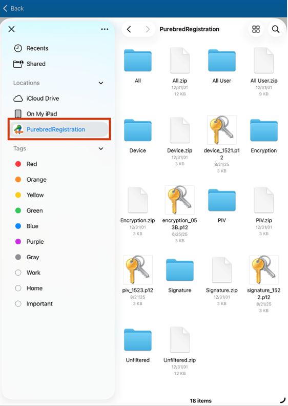 Example screenshot highlighting the PurbredRegistration option and subsequent screen with certificates and zip files.
