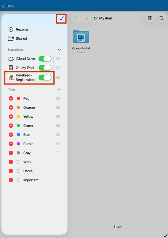 Example screenshot of the sidebar, highlighting the PurbredRegistration option and check mark.