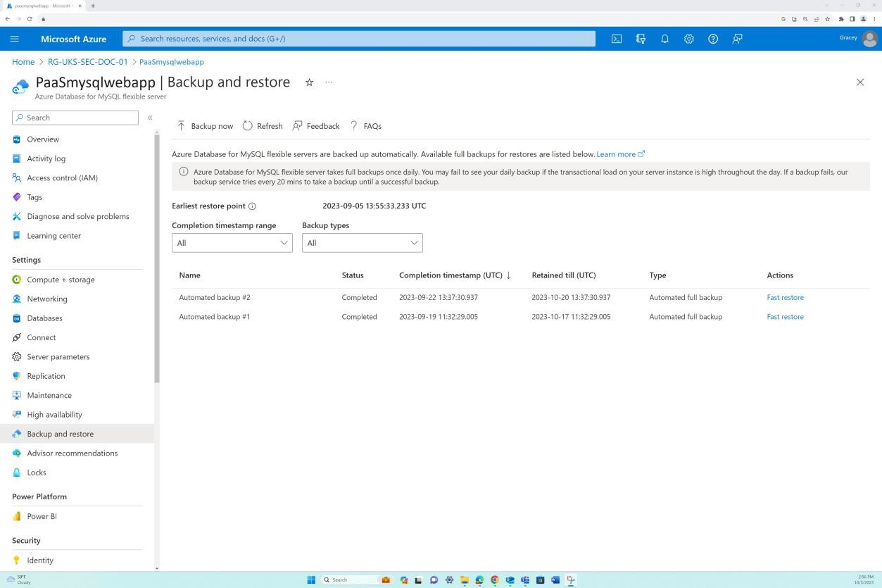 Azure backup and restore settings overview page with active servers.
