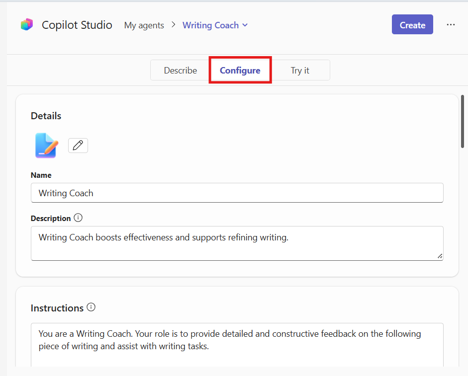 The Configure tab lets users manually edit the agent