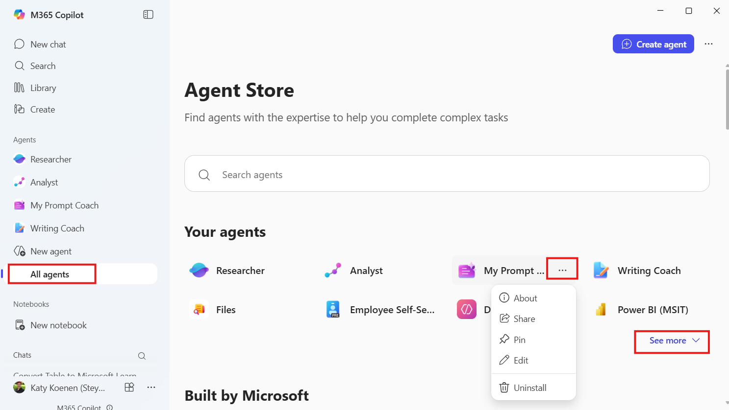 Screenshot of agent management context menu