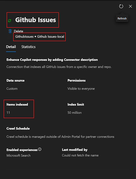 Github issues connector with 11 items indexed displayed