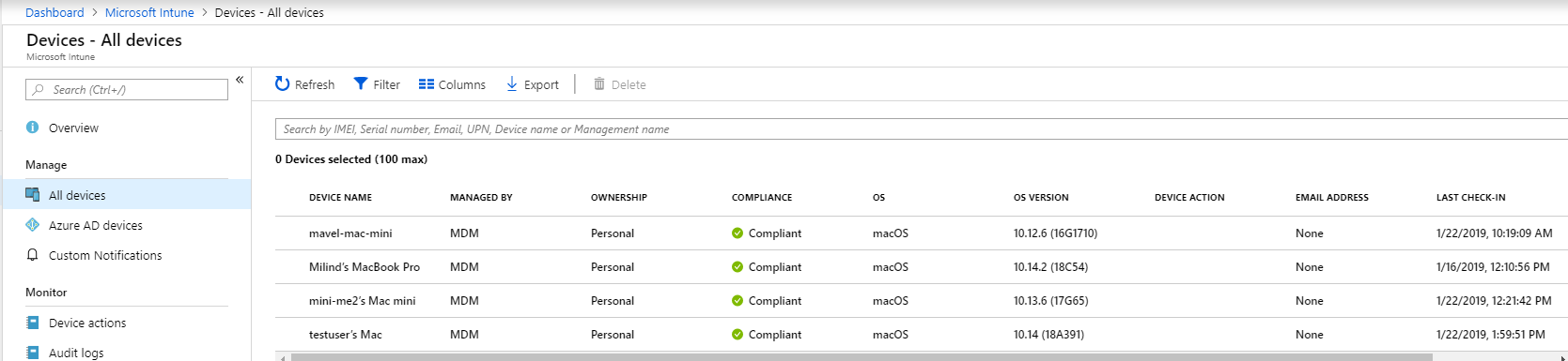 Screenshot that shows the All Devices page.