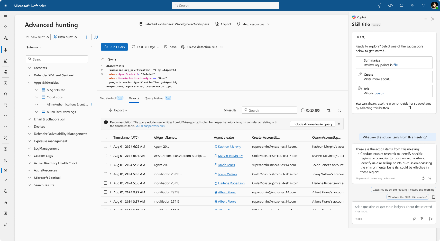 Screenshot of Advanced Hunting results in Microsoft Defender showing agent activity data.