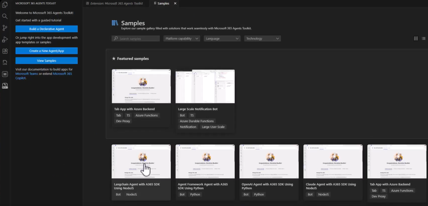 Screenshot of Toolkit Welcome View with Build a Declarative Agent, Create a New Agent or App, and View Samples options.