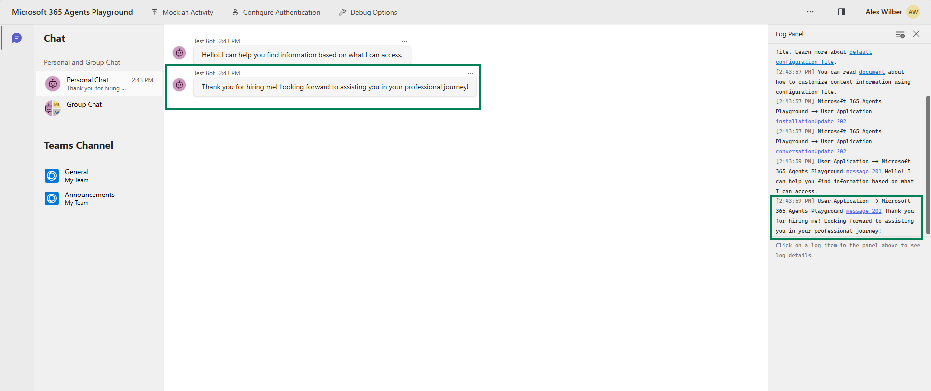 Screenshot showing the Agents Playground interface with the agent's welcome message 'Thank you for hiring me! Looking forward to assisting you in your professional journey!' displayed in the chat conversation and log panel after the install event fires automatically.
