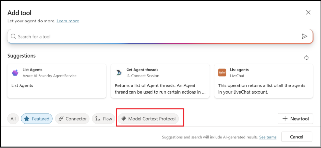 Shows the Model Context Protocol options in Copilot Studio