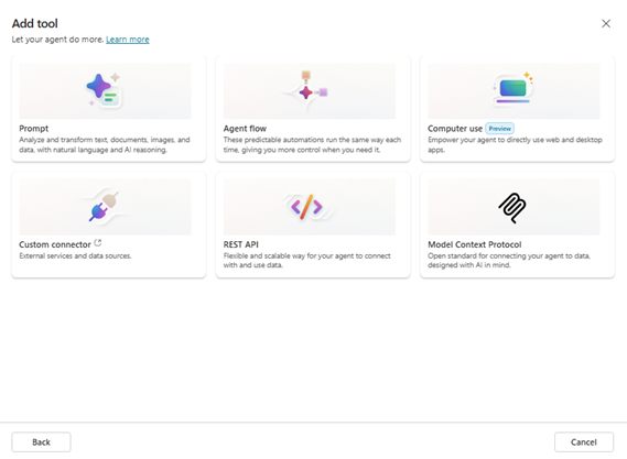 Screenshot showing selection for type of new tool to add to the agent