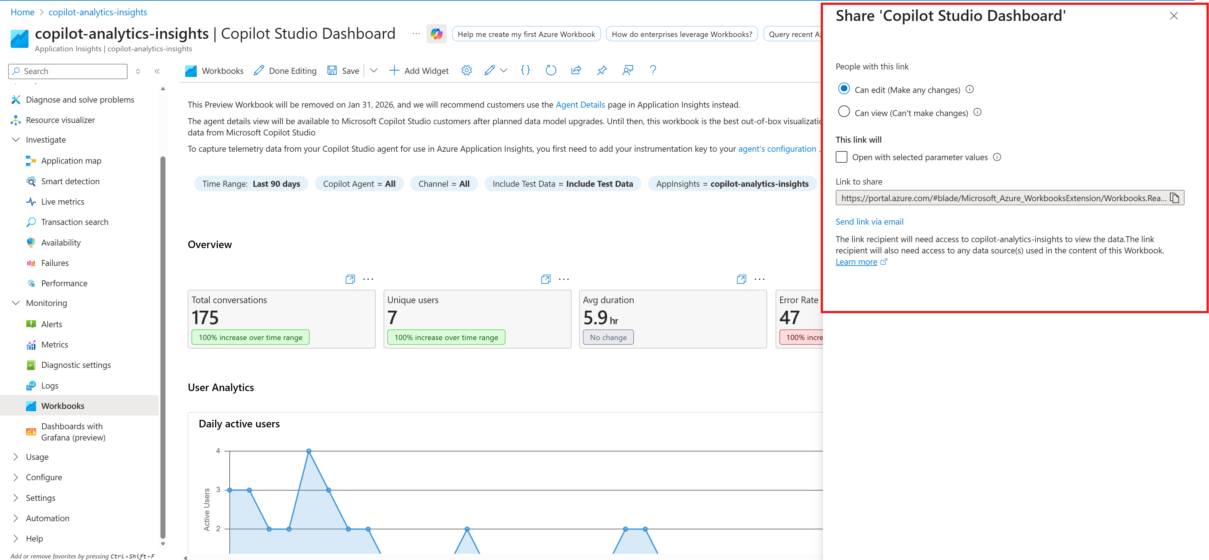 Screenshot of sharing the Application Insights workbook.