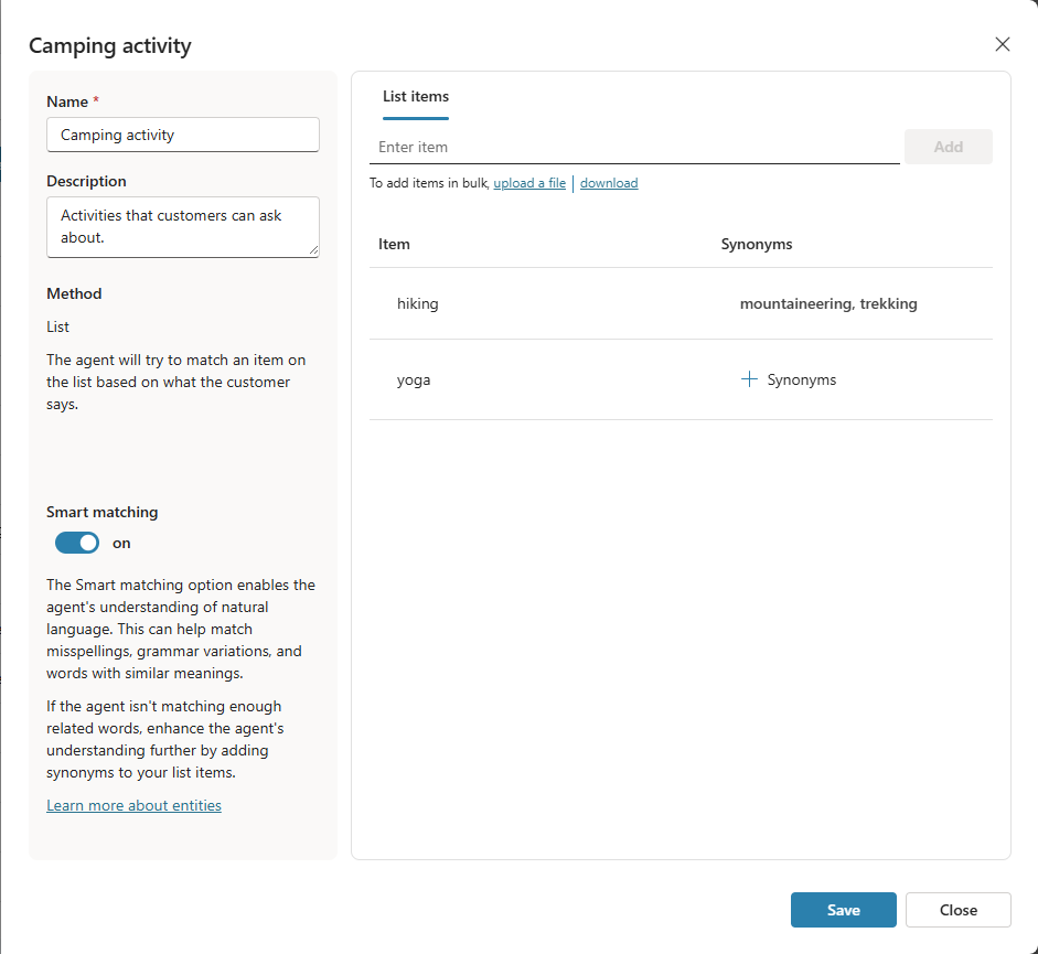 Screenshot of the details panel for the example 'Camping activity' entity.