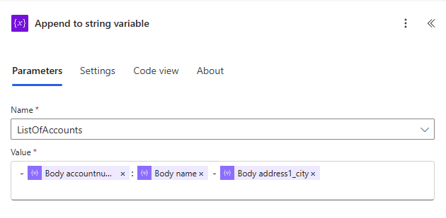Screenshot of the 'Append to string variable' action properties.