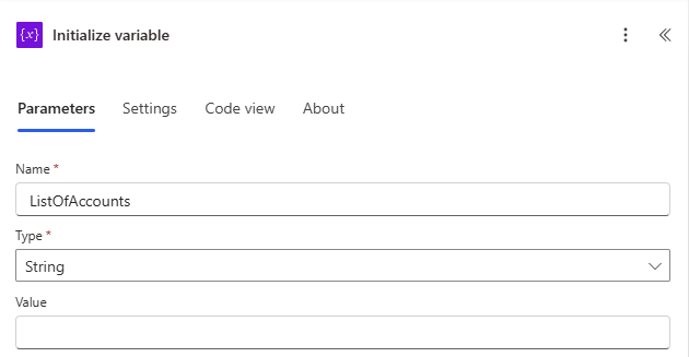 Screenshot of the 'Initialize variable' action properties.