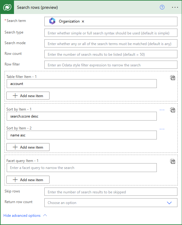 Screenshot of the 'Search rows' action properties with advanced options.