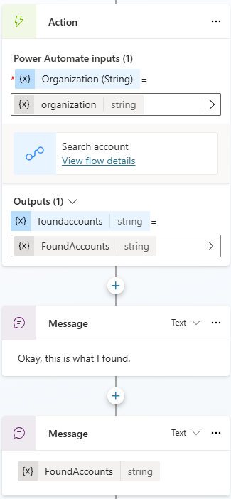 Screenshot of the conversation flow that responds with a list of found accounts.