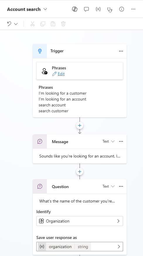 Screenshot of the 'Account search' topic with a Message node and a Question node.
