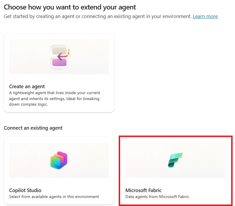 Screenshot showing selecting add Microsoft Fabric data agent option