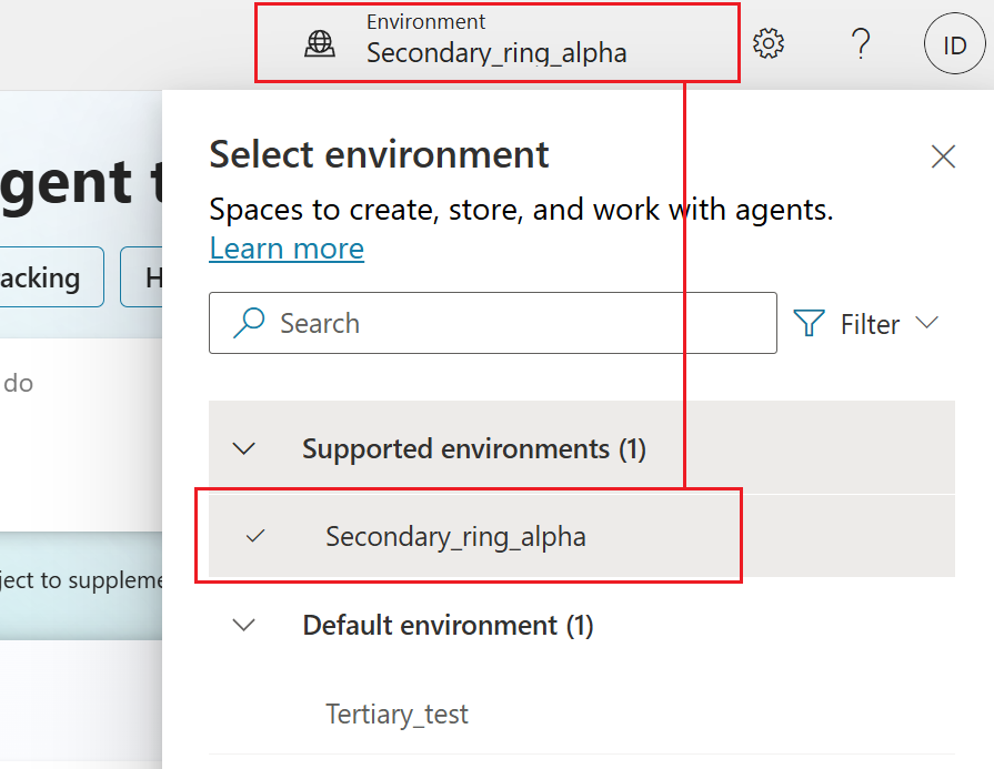 Screenshot showing the environment picker in Copilot Studio, with a checkmark next an environment that matches the environment at the top of the page.