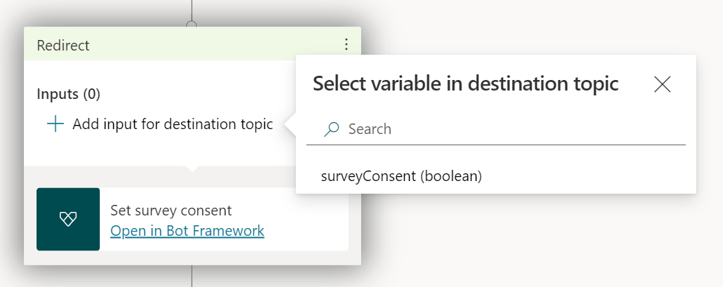 Screenshot of adding a Set survey consent action to a node in Copilot Studio.