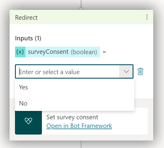 Screenshot of setting the response choice for the Set survey consent action.