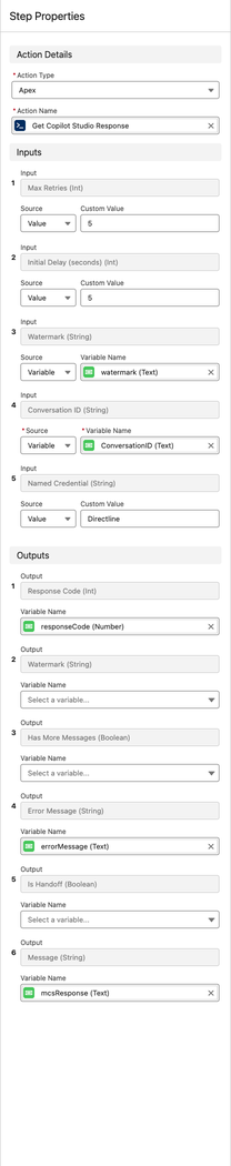 Step Properties panel showing the Get Copilot Studio Response action with Conversation ID and Watermark inputs, and Message output mapped to mcsResponse.