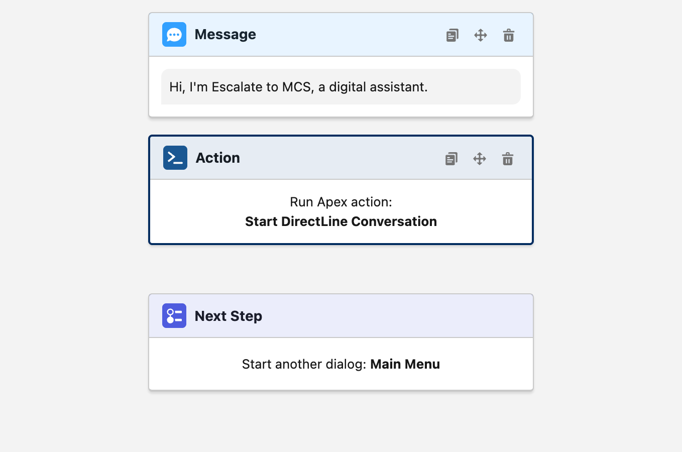 Einstein Bot Builder showing the Welcome dialog flow with a greeting message, Start DirectLine Conversation action, and next step to Main Menu.