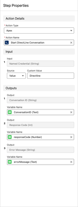 Step Properties panel showing the Start DirectLine Conversation action with Named Credential input and Conversation ID output mapped to a variable.