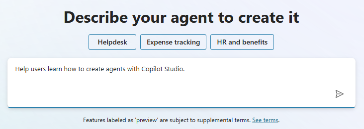 Screenshot of the area where you can briefly describe your agent on the Home page of Copilot Studio.