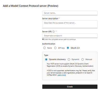Screenshot of MCP onboarding wizard with dynamic discovery for OAuth 2.0 selected
