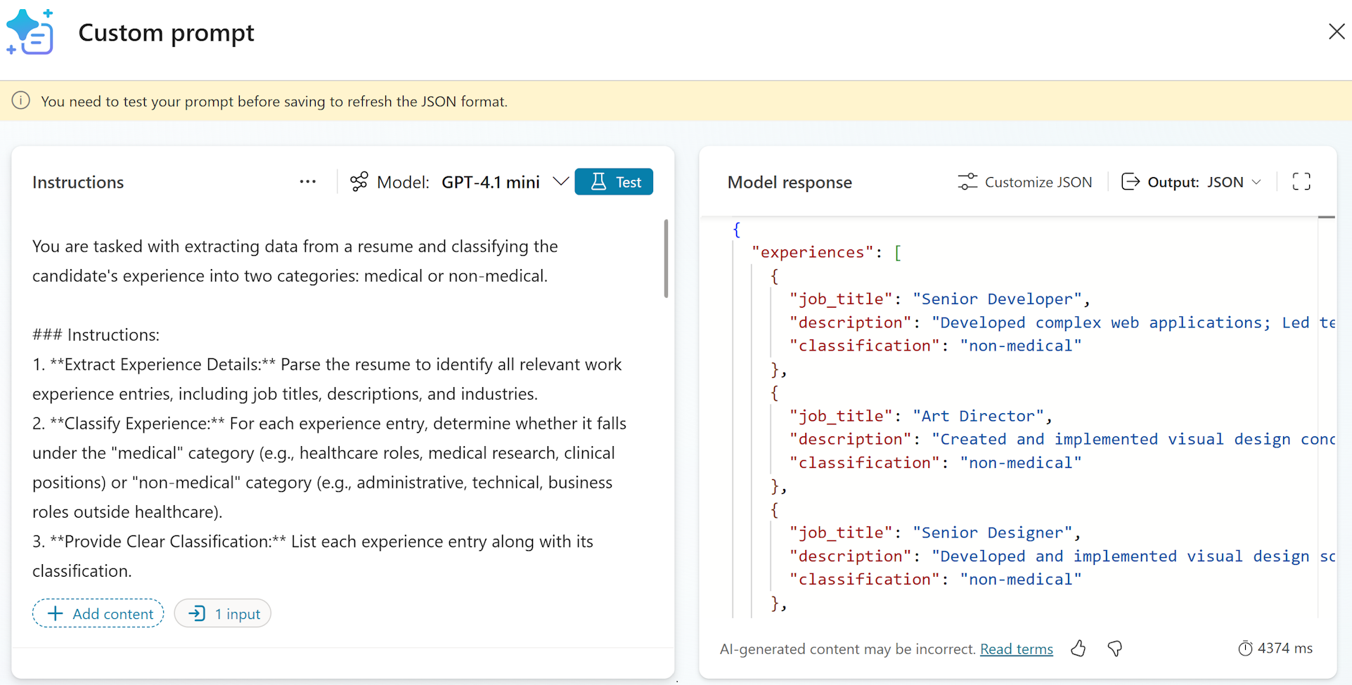 Screenshot of the instructions panel and the model response panel.