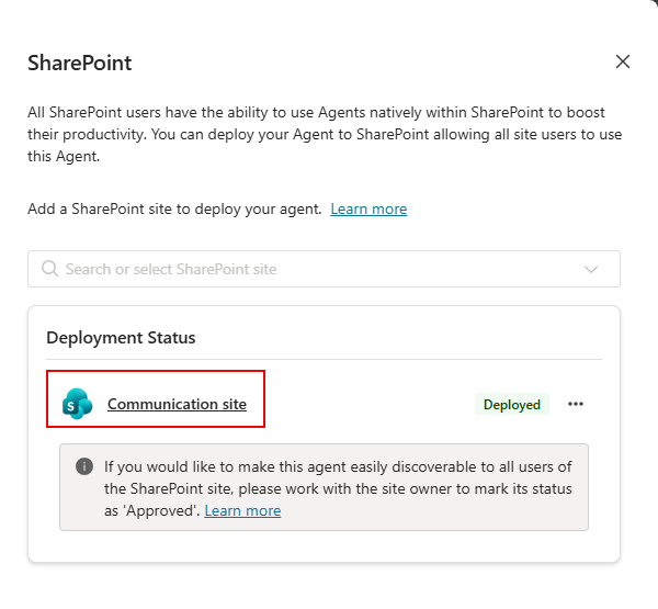 Screenshot of the SharePoint site link in the Deployment Status area.