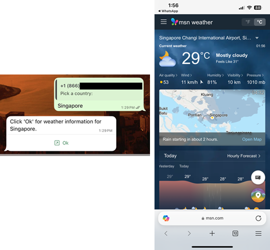 Screenshot of WhatsApp in a mobile device showing appearance of the Open URL adaptive card.