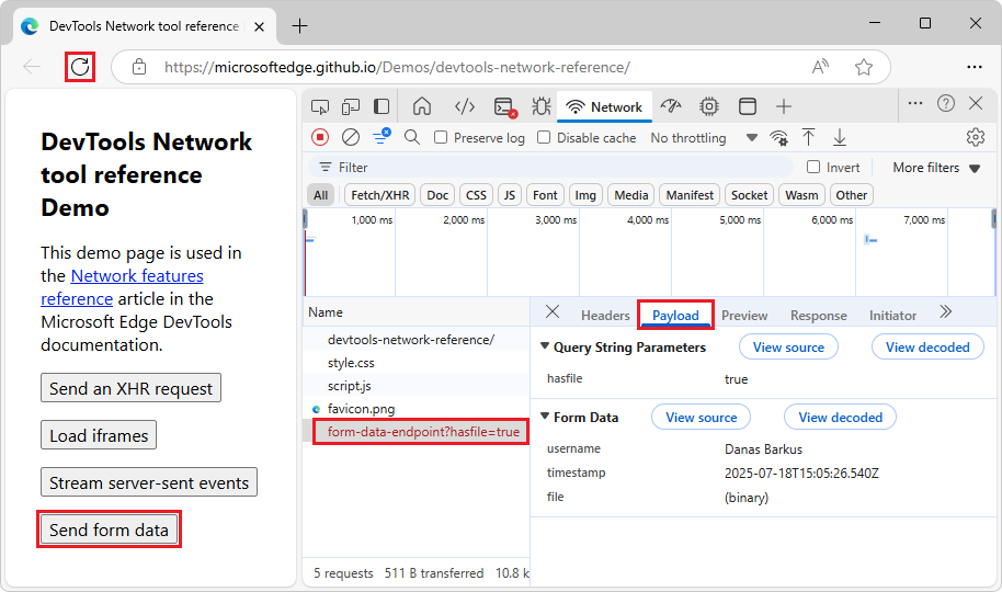 The Query String Parameters section in the Payload tab