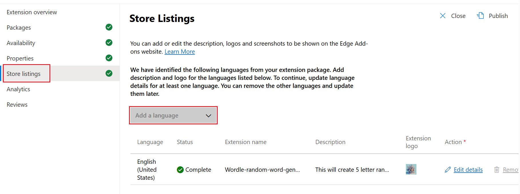 Store listing section for an extension