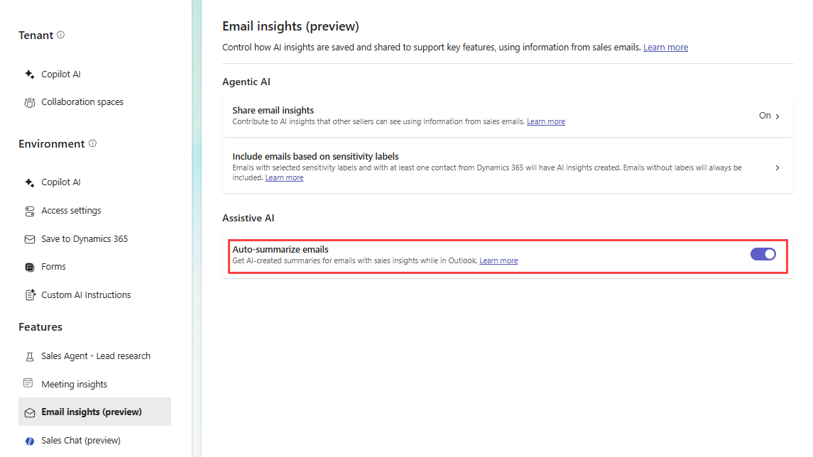Screenshot showing email insights auto-summary settings.