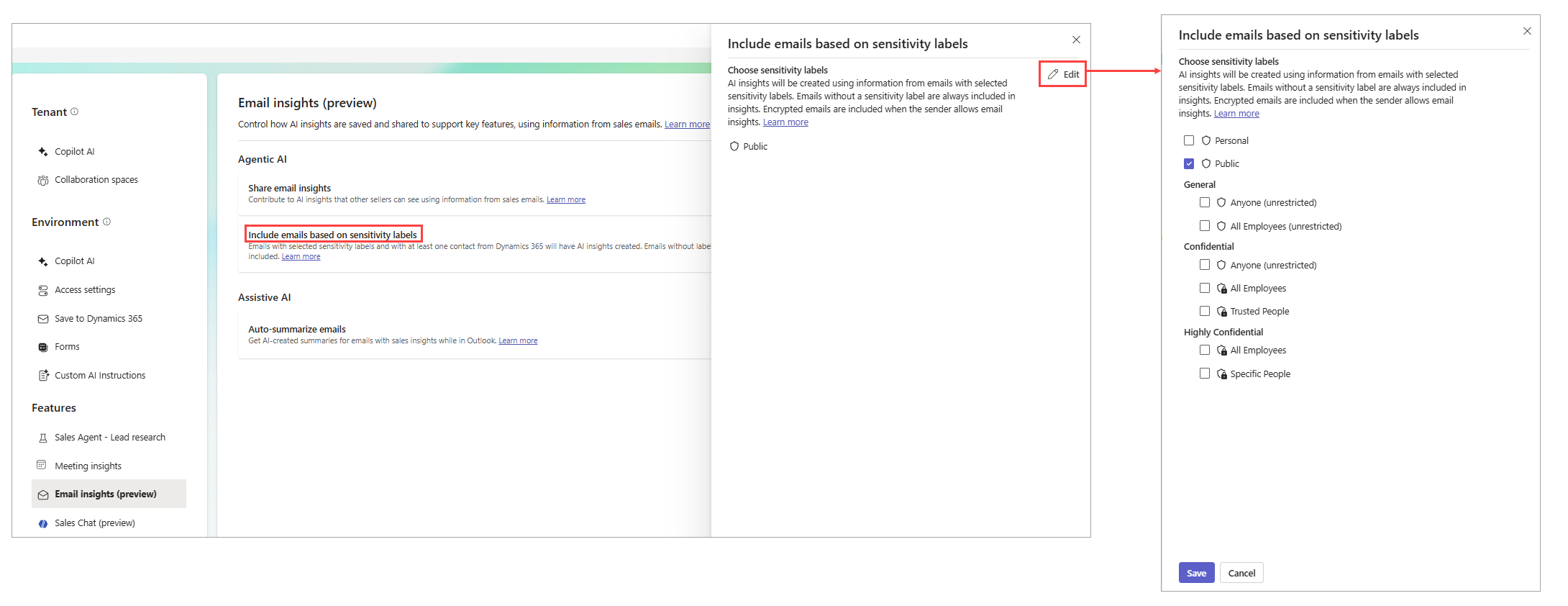 Screenshot showing email insights sensitivity label settings.